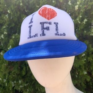 LFL hat blue color front White color print red heart one size